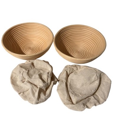 Set of 2 Round Rattan Bread Proofing Banneton Baskets with Linen Liners Natural