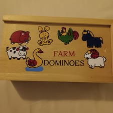 Farm Dominoes, wood. childs game in wood box.