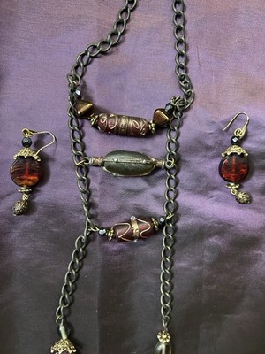 ARTISAN Rare MAYA EVANGELISTA Signed Necklace/earrin Glass Lucite Leaves Orange