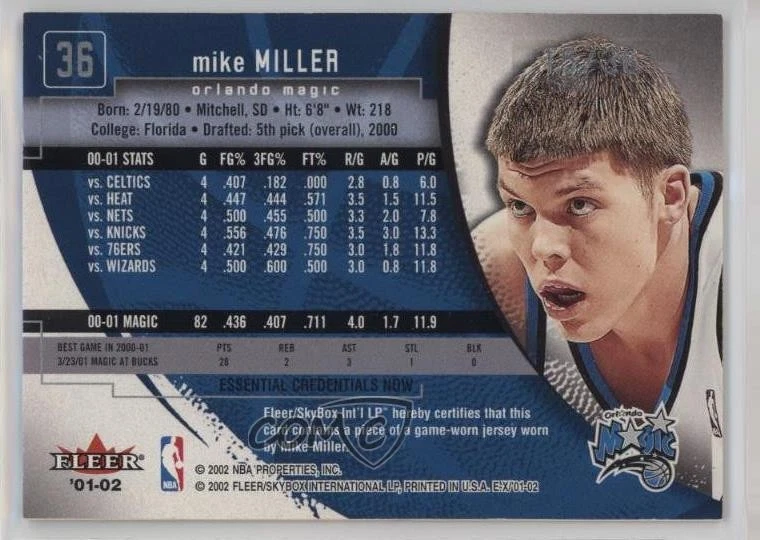 2001-02 EX Essential Credentials Now Memorabilia /35 Mike Miller #36 - Image 2 of 2