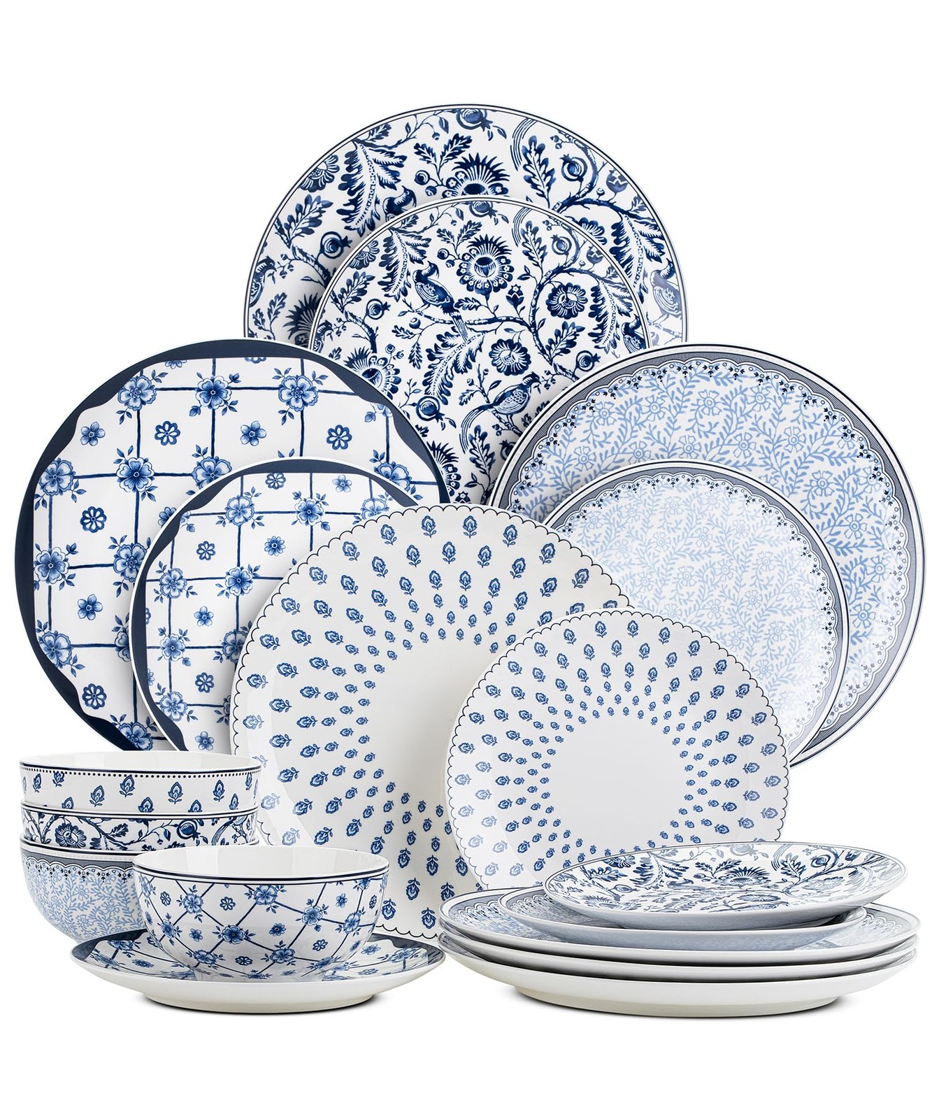 Btat- Bone China Dinnerware Sets for 4, 12 Pcs, Blue Garden Elegance, 4 Differen