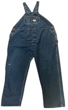 Vintage 90s Round House Bib Overalls Faded Blue Jean Size 58/30 USA Hole In Knee