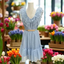 NWT Simplee Blue Polka Dot Ruffle Dress SZ M Romantic Coquette Cottagecore