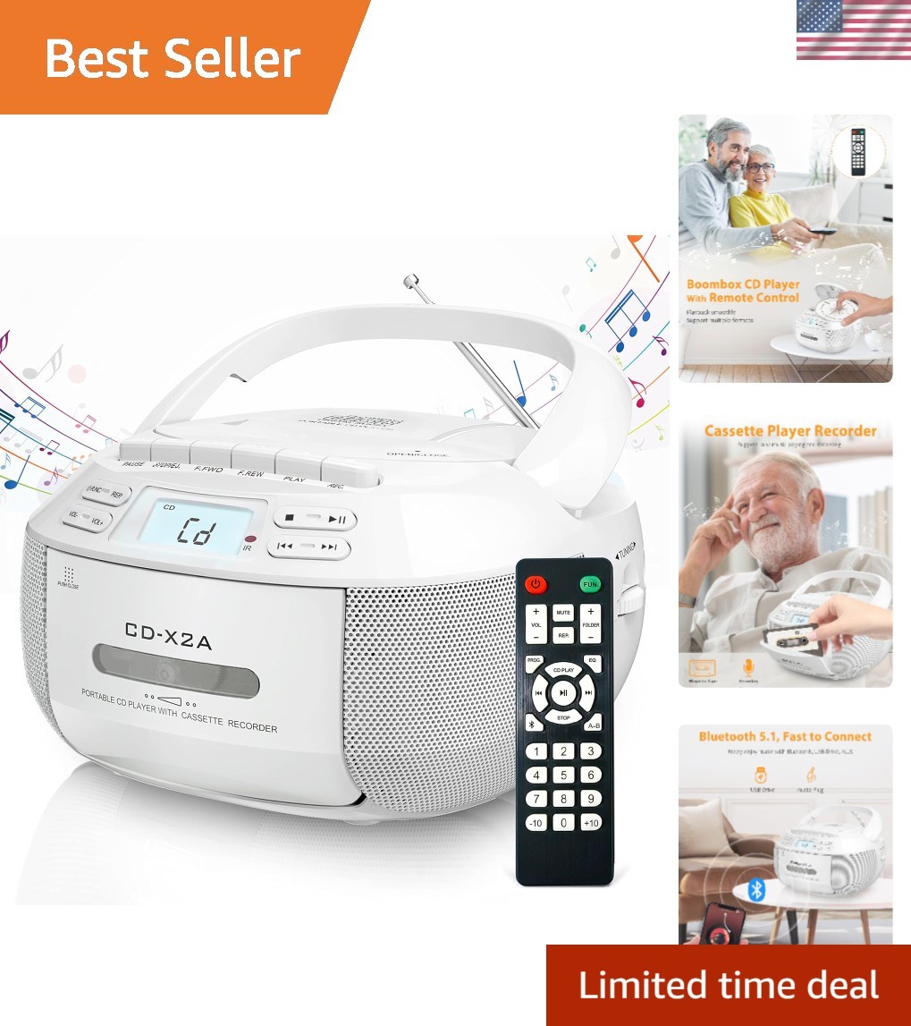 Portable CD Player Boombox with Bluetooth, Remote Control, & Tape Deck Features