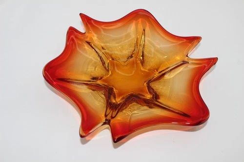 VTG MCM MURANO ITALIAN ART GLASS FREE FORM CENTERPIECE BOWL/DISH-ORANGE/AMBER