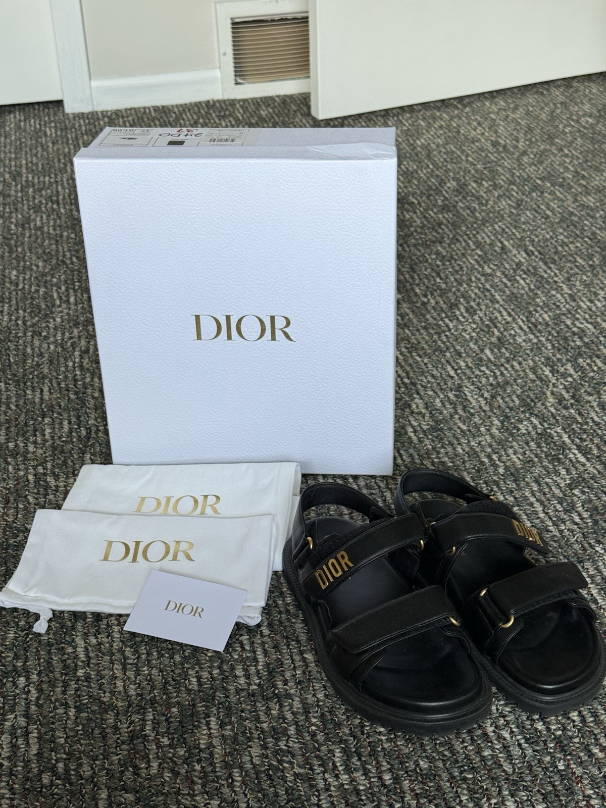 DIOR Women’s Dioract Sandals Lambskin Leather Size 37 Black Gold Hardware w Box