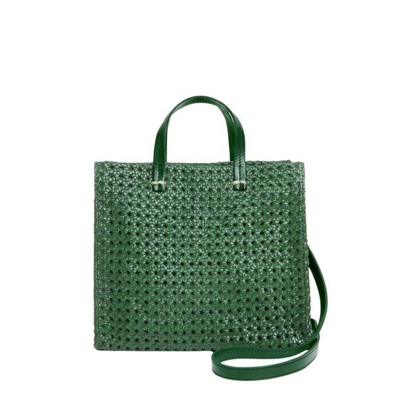 Clare V Petit Simple Tote Woven Rattan Evergreen NWT Leather