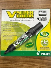 12 Pilot V Super Color Permanent Marker, Refillable Chisel Black Markers 43904