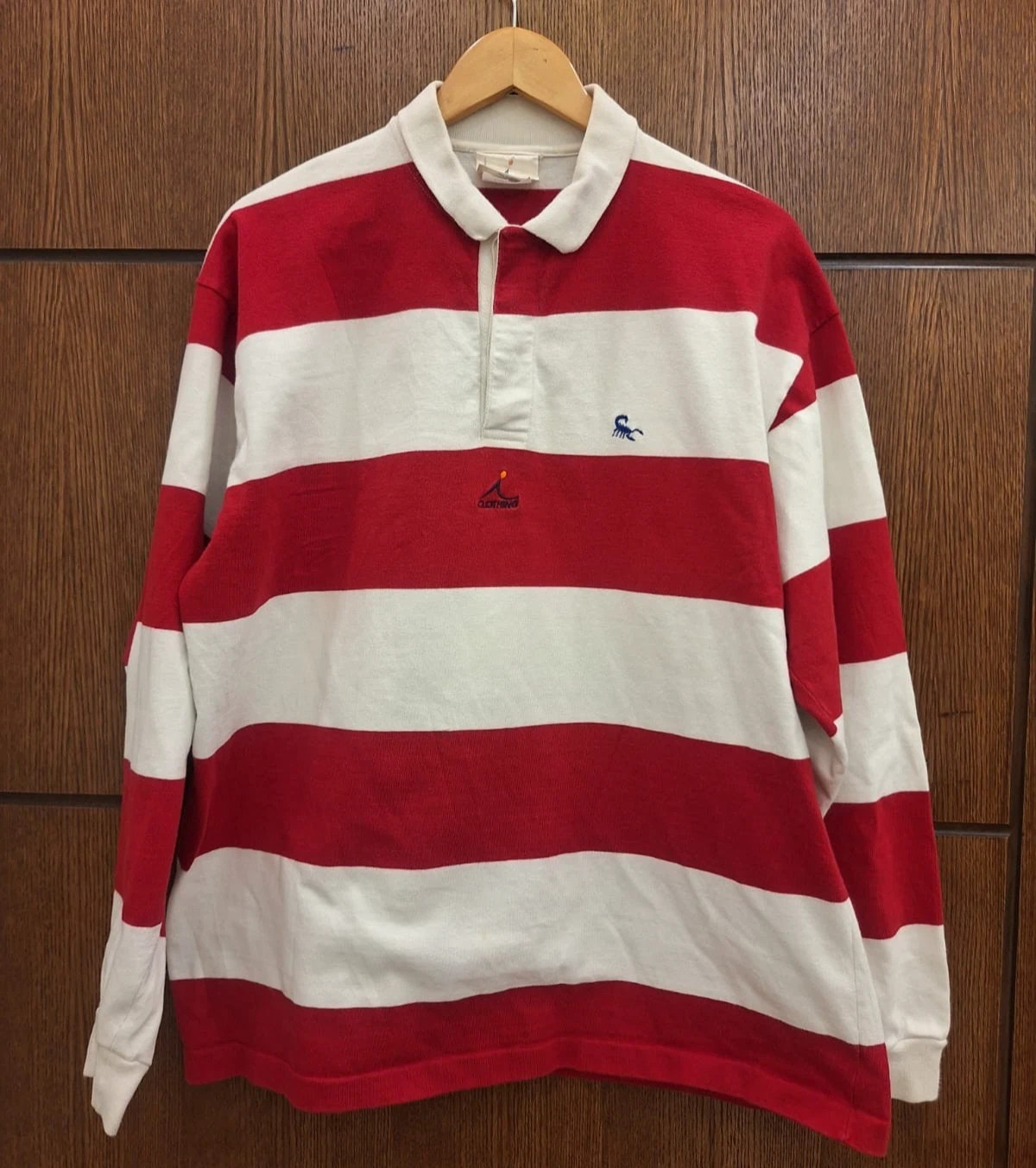 Vtg A Clothing USA Rugby Polo Shirt Red White Striped Long Sleeve XL 100% Cotton