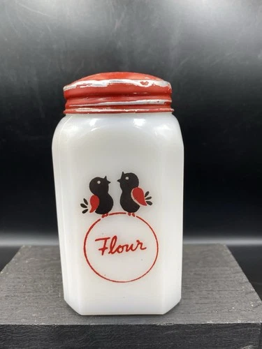 Vintage McKee SINGING BLACKBIRDS Milk Glass Flour Range Shakers