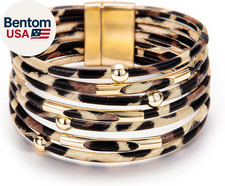 Leopard Bracelet for Women, Boho Leather Wrap Multi-Layer Pearl Crystal Bracelet