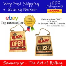 1x RAW Rolling Paper OPEN / CLOSED SIGN Wood w/ Rope "Please Cone In" NEW 16x12