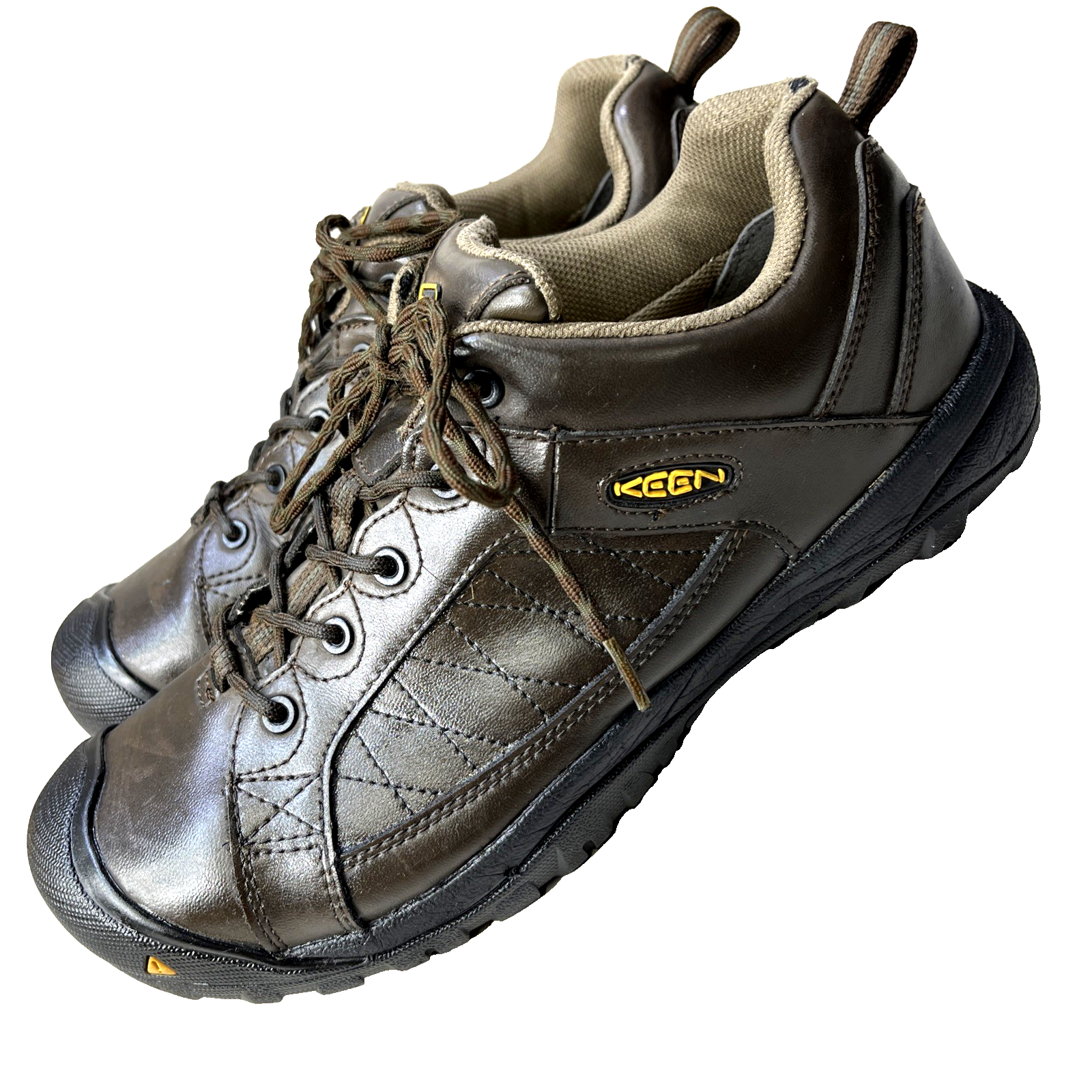 Scarpe uomo Keen punta acciaio taglia 11 ASTM F2413 11 pelle marrone lacci VGUC LR36