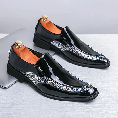 Herren Elegante Schuhe Lackleder Luxus Spitz zulaufend Slipper Flach Hochzeit Schuhe - Bild 37 von 38
