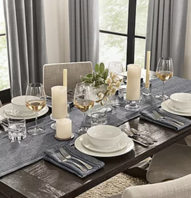 Fieldcrest Luxury Table Runner 72'' Herringbone New Cotton Linen Navy W/ $50 Tag