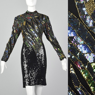 vintage sequin dress ebay Vintage JLB Black 100% Silk Sequin Beaded Long Sleeve Dress M