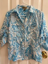 Peck&Peck Weekend lightweight Teal/White button front shirt sz10 roll tab