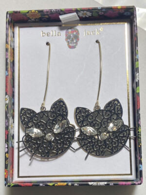 Bella Jack Halloween Black Cat Face Head Dangle Earrings NIB