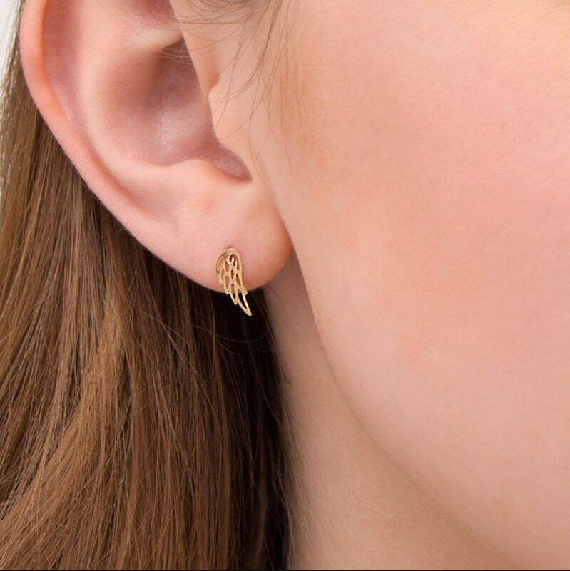 14K Gold Tiny Angel Wing Stud Earrings