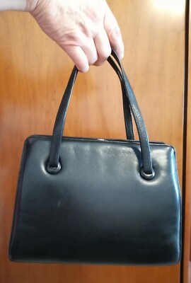 BORSA A MANO BORSETTA VINTAGE ORIGINALE ANNI 60 VERA PELLE NERA CHIUSURA A  CLIP