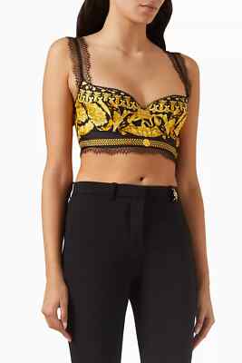 NWT Versace Silk Bralette Crop Top 40 US 4 S Black Barocco Lace-Trimmed $1,190