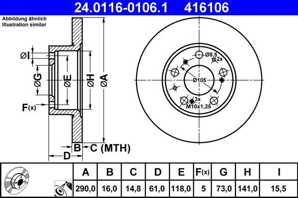 2X ATE 24.0116-0106.1 Bremsscheibe FüR CitroËN Passend FüR Fiat Peugeot-image