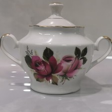 Vintage Rare USSR Riga RPR Porcelain Sugar Bowl Hand Painted Rose Flowers