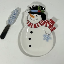New Fitz & Floyd Snack Dish with Spreader Snowman Snow Days Christmas Party