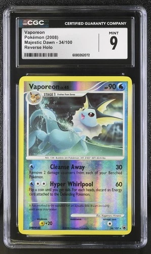 CGC 9 MINT Vaporeon 2008 Majestic Dawn 34/100 Reverse Holo Pokemon Card