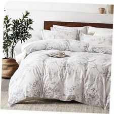 100 Natural Cotton 3pcs Floral Duvet Queen 90" 90" Botanical - Grayish White