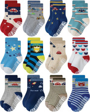 Non Skid anti Slip Crew Socks with Grips for Baby Infant Toddlers Kids Boys