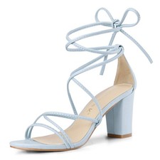 Allegra K Women's Strappy Lace Up Chunky Heeled Sandals 9 Sky Blue