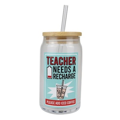 Enesco Our Name is Mud Teacher Needs a Recharge Iced Coffee Latte Glass 16 Ounce