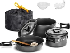 Lixada 10pcs Camping Cookware Mess Kit, Non-Stick Lightweight Stackable black 