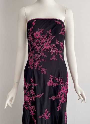 Vintage Cache Size S Black Beaded Pink Floral Strapless Formal Prom Party Gown - Picture 2 of 15