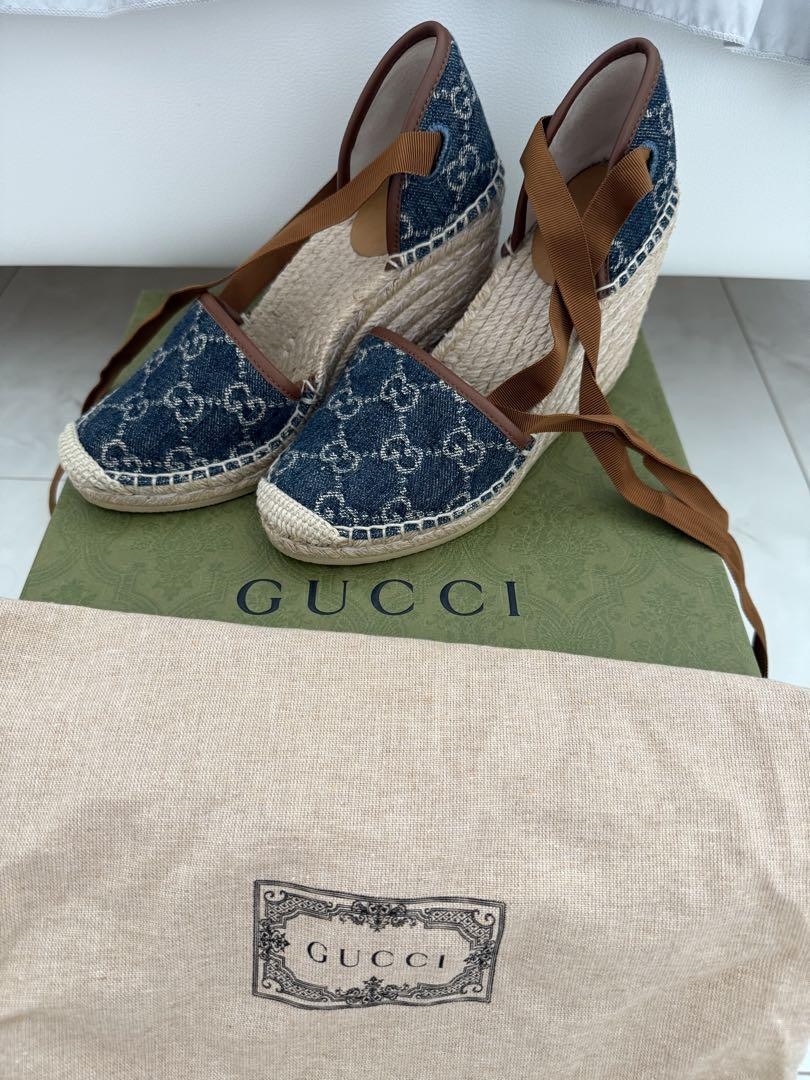 Gucci Womens Denim Wedge Espadrille Sandals Size 5 US Mint