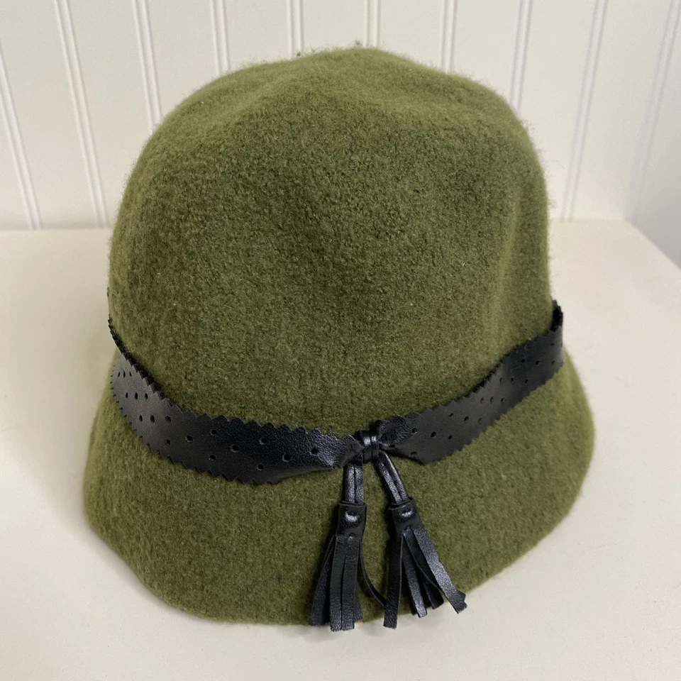 Sombrero de cubo Liz Clairborne para mujer talla única verde oliva negro lazo 100 % lana Foto 2 de 4