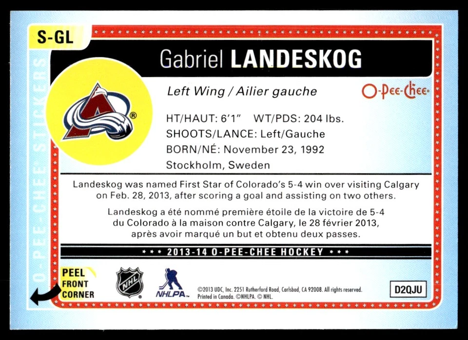 2013-14 O-Pee-Chee Stickers Gabriel Landeskog Colorado Avalanche #S-GL R182 - Image 2 of 2