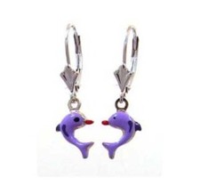 New Children's Sterling Silver Dangle Purple Dolphins Girl's Pierced Earrings