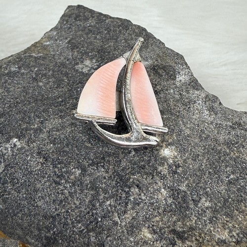 Silver Tone Sailboat Brooch Pin Pendant Pink Sails Cute 1" X .75" - Picture 2 of 5