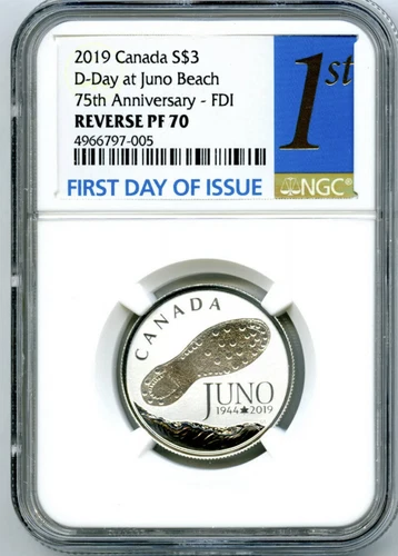 2019 $3 CANADA SILVER NGC PF70 REVERSE PROOF D-DAY JUNO BEACH FIRST DAY OF ISSUE