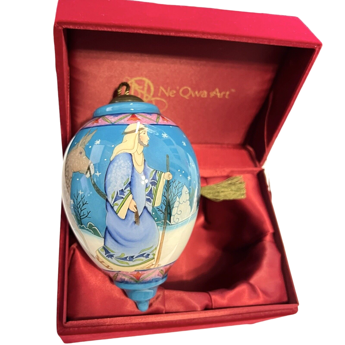 Ne' Qwqa Art Mary & Joseph Glass Christmas Ornament Signed Jim