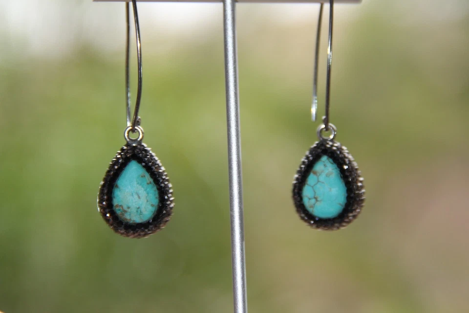 Sterling Silver Turquoise Hematite Threader Earrings. Gorgeous Drop Shaped - Image 4 of 4
