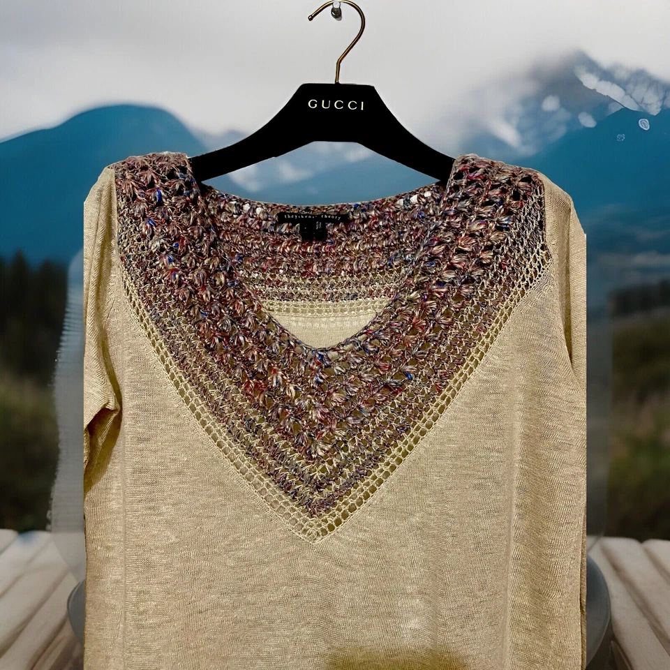 Suéter Ligeramente Usado THEORY Bronceado Lino Crochet Superior Cuello en V Aireado 100% Lino Talla P Foto 3 de 4