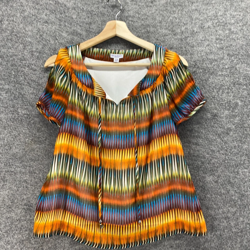 Rebecca Malone Blouse Women PS Petite Orange Striped Tasseled Cold Shoulder - Image 4 of 4