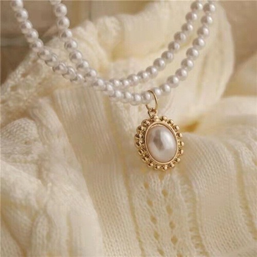 Retro Double Layer Women Necklace Pendant Necklace Clavicle Chain Pearl Choker - Picture 9 of 19