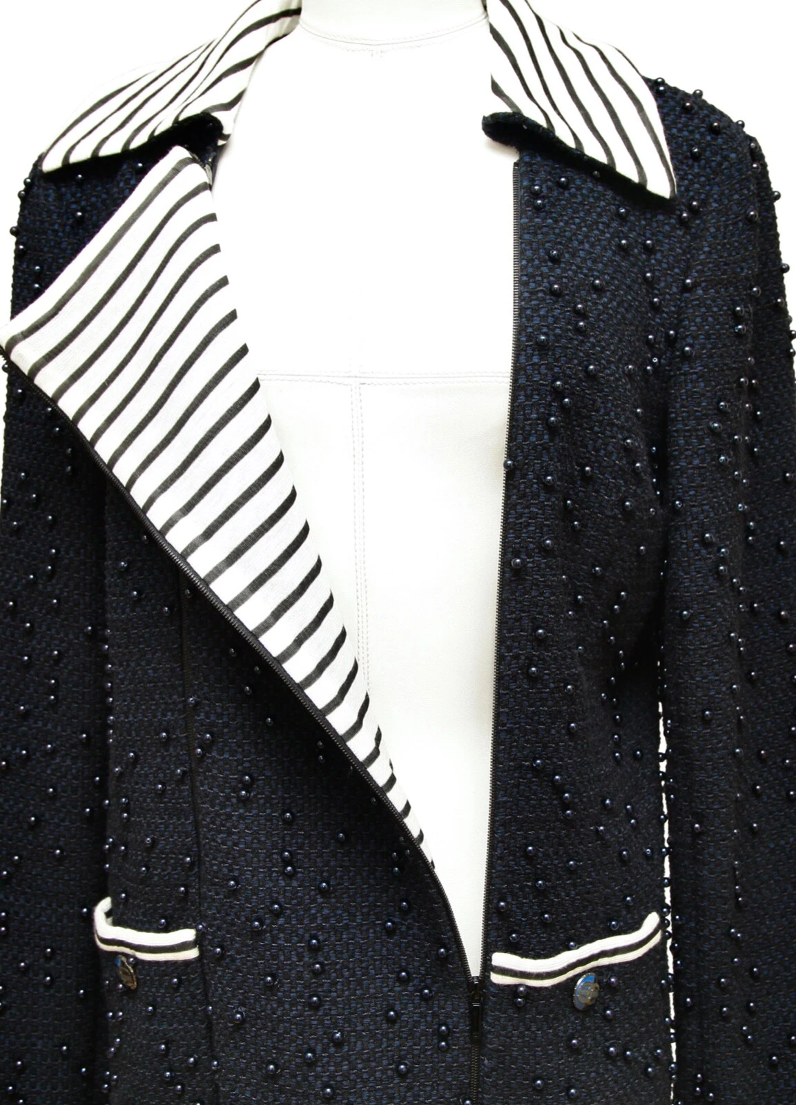 CHANEL Blazer Giacca Cappotto Tweed Blu Navy Perline Bottoni Cerniera 2017 Tg 40