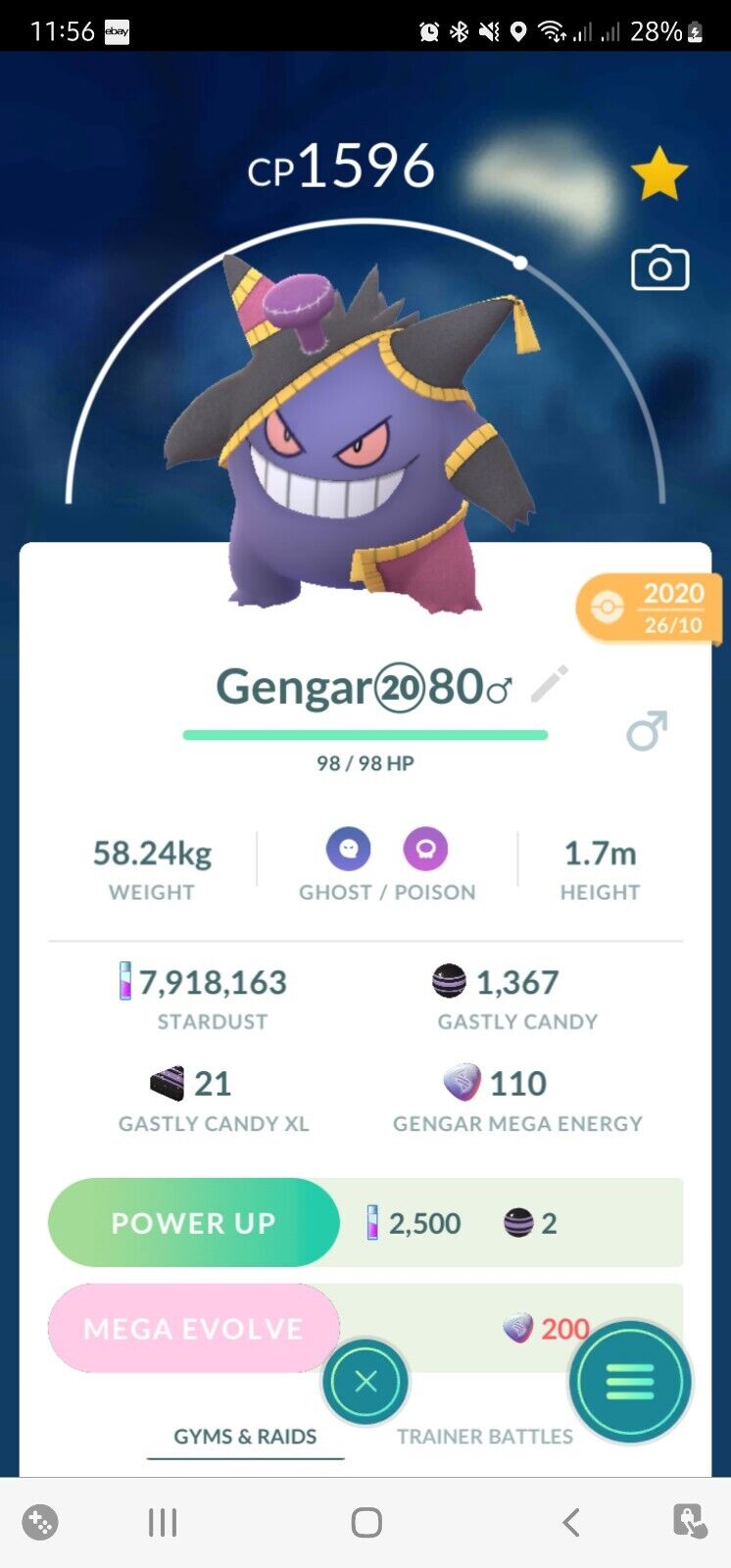 Shiny Gengar wearing Halloween Costume 2023 for Pokemon Go. Registered  trade or wait until become Ultra friend for trade.