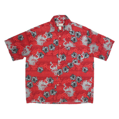 ISLAND TROPICS Herren Rotes Floral Drachen-Print Hemd L Polyester Sommer