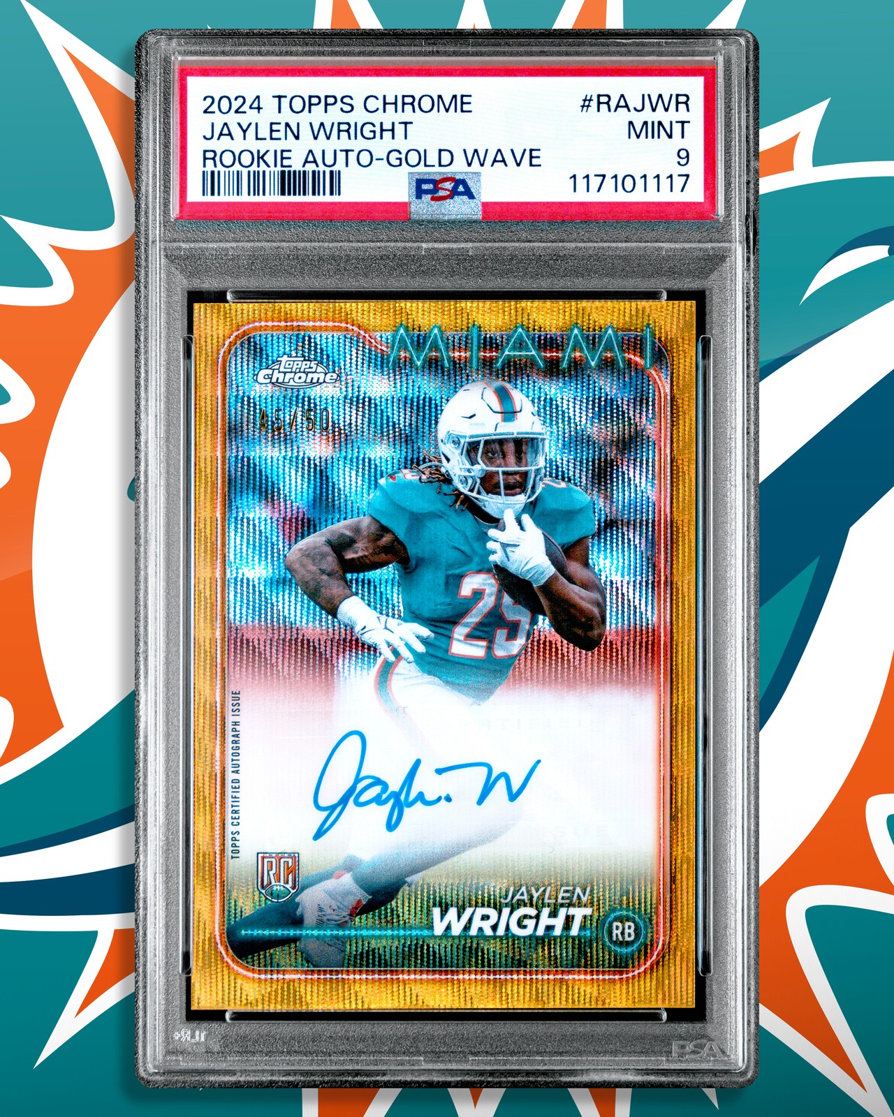 Jaylen Wright 2024 Topps Chrome Gold Wave Refractor SP Auto! 45/50! PSA 9!
